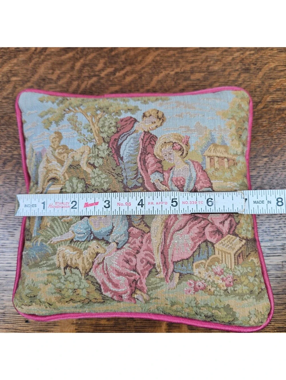 Pair Vintage French Country Tapestry Pillows Pastoral Courting Scenes Pink